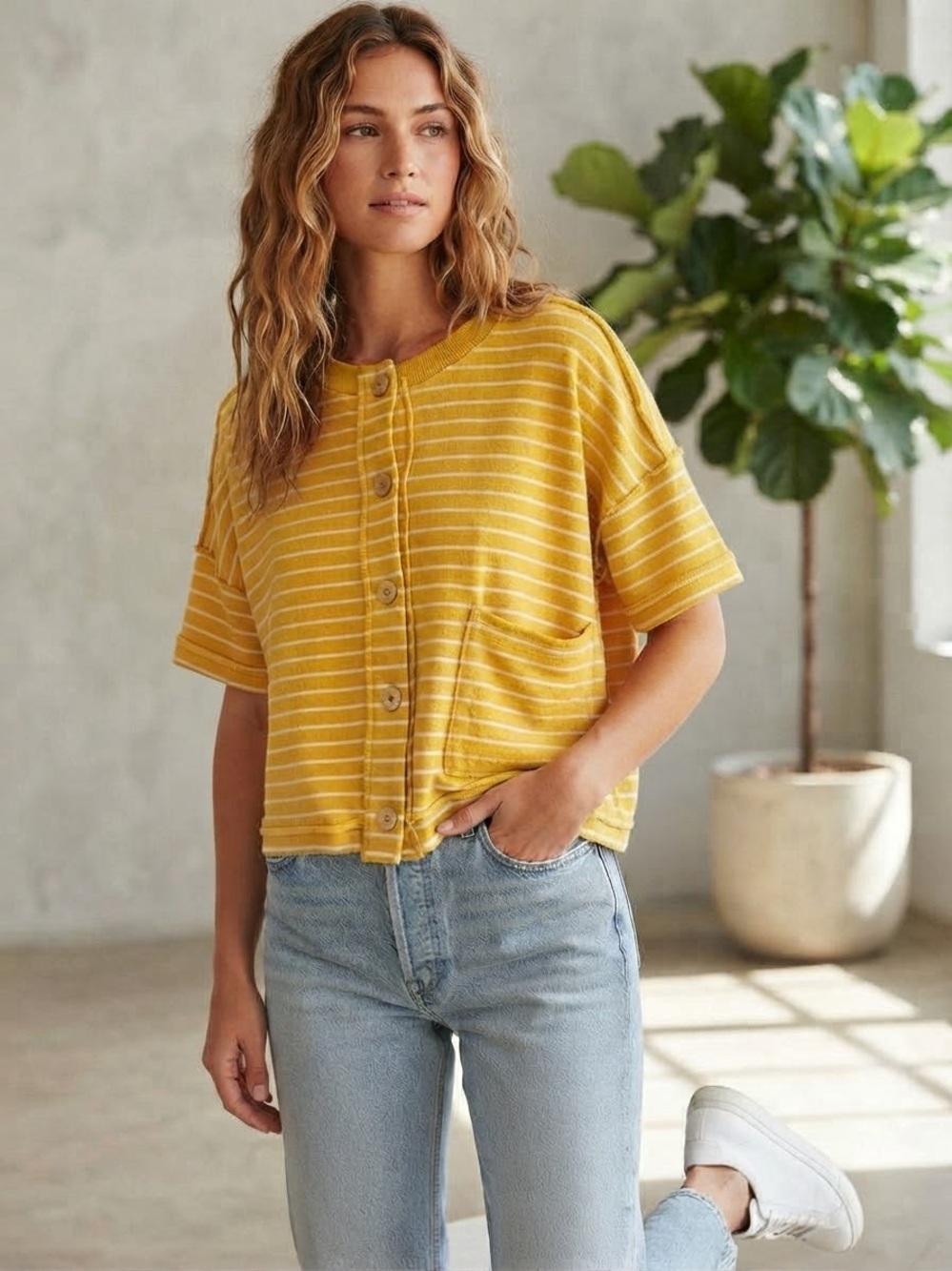 Free People Striped Short-Sleeve Button Front Top Mustard medium